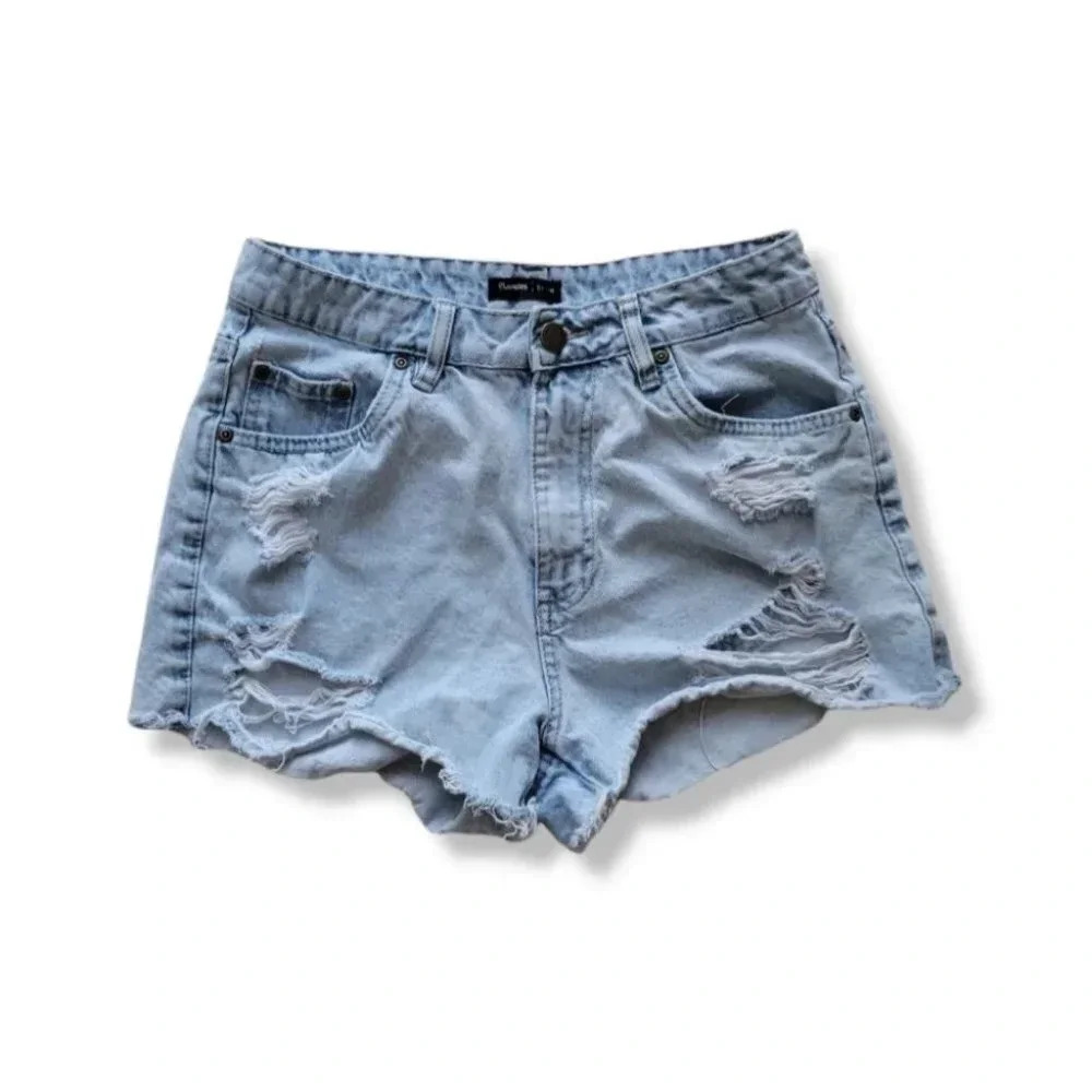 Light Denim Distressed High Rise Shorts